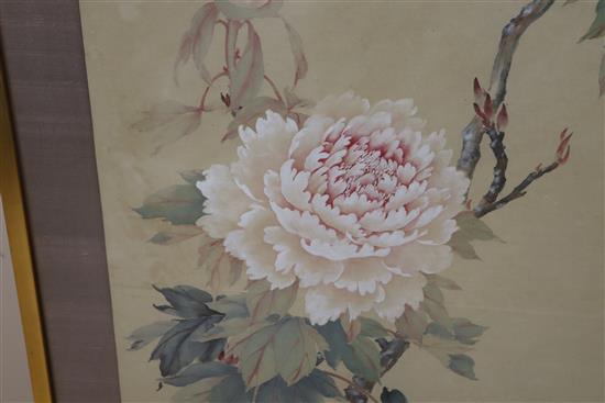 Anonymous (19th/20th century): A Chinese pigment on paper panel depicting peony blossom,